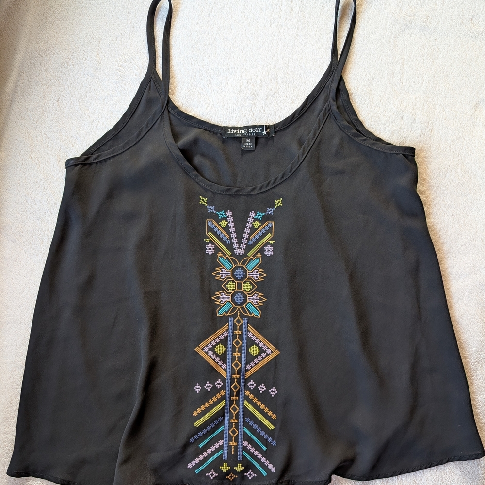 Living Doll Black Camisole with Colorful Embroidery